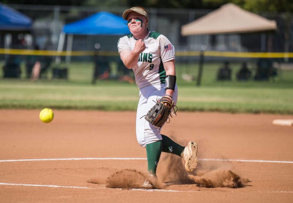 Ponderosa Bruins Ana Niles (9) pitches against the Central Catholic Raiders during the first inning at the CIF Northern California Division III softball championship game Saturday, June 3, 2023, at Ponderosa High School in Shingle Springs.