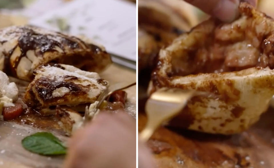 Two close ups of Milena and Leanne's chocolate and strawberry calzone