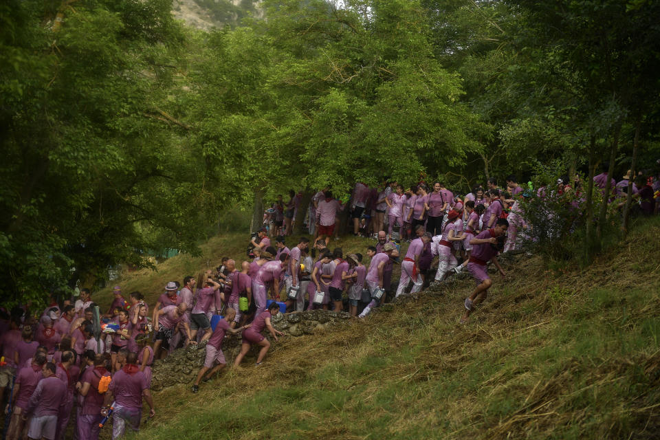 <p>People take part in a wine battle, in the small village of Haro, northern Spain, Friday, June 29, 2018. (Photo: Alvaro Barrientos/AP) </p>