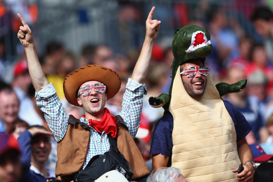 LONDON, ENGLAND - AUGUST 01: British football fans enjoying the Men's Football first round Group B Match between Korea Republic and Gabon on Day 5 of the London 2012 Olympic Games at Wembley Stadium on August 1, 2012 in London, England. (Photo by Michael Steele/Getty Images)