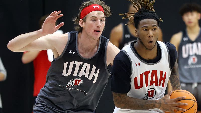 Branden Carlson and Deivon Smith practice with the Utah Runnin’ Utes at the Jon M. and Karen Huntsman Basketball Facility in Salt Lake City on Tuesday, Sept. 26, 2023.