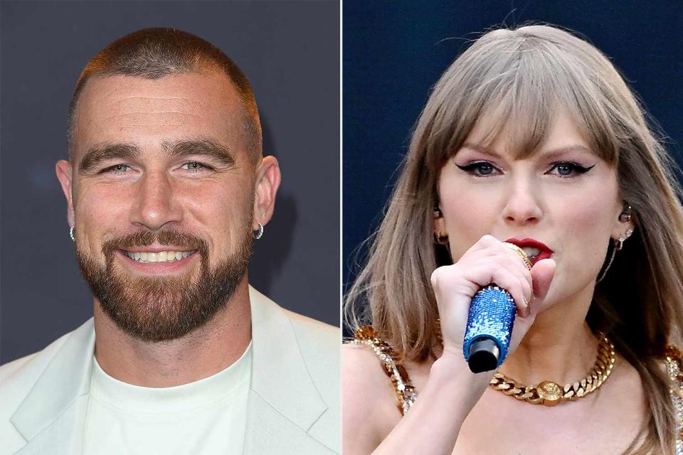 <p>Steve Granitz/FilmMagic; Gareth Cattermole/Getty </p> Travis Kelce and Taylor Swift. 