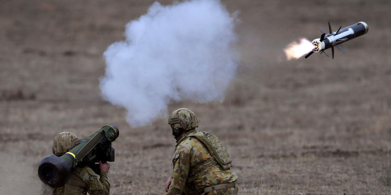 Australian Army soldiers fire a Javelin anti-tank missile during Excercise Chong Ju, a live fire demonstration showcasing the army's joint combined arms capabilities at the Puckapunyal Military Base some 100 kilometres north of Melbourne on May 9, 2019.