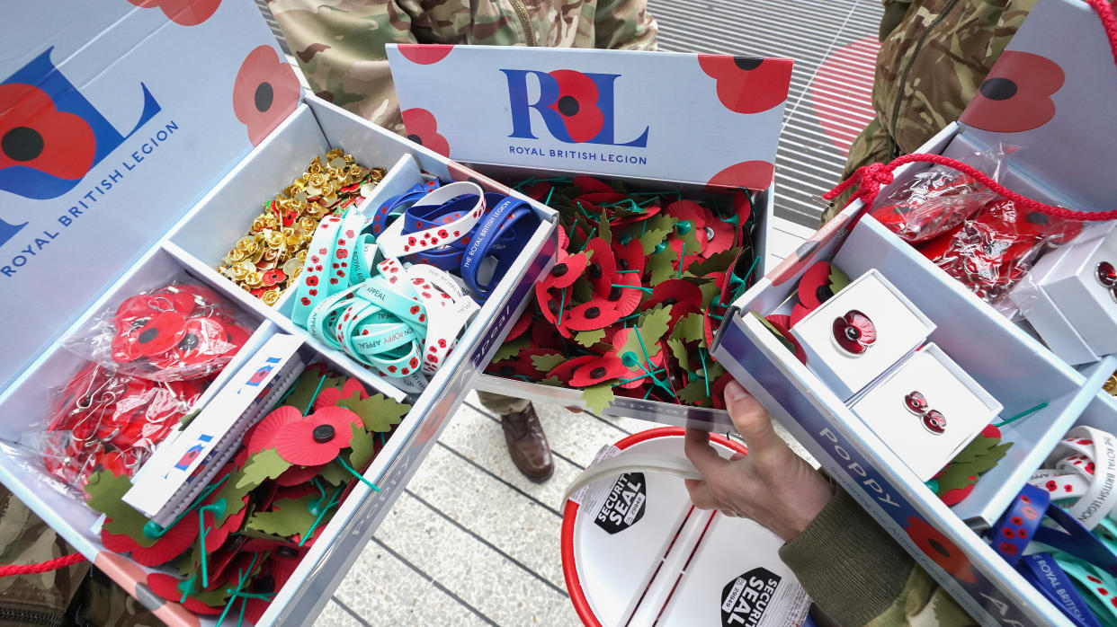 Serving personnel hand out poppies and collect donations for the Royal British Legion Appeal at Liverpool Street Station, during London Poppy Day. Picture date: Thursday November 4, 2021. (Photo by Ian West/PA Images via Getty Images)