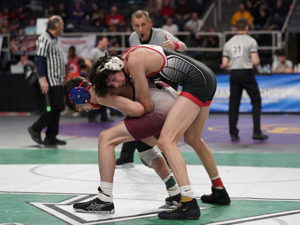 Iona Prep's Justin Shay wrestles in a quarterfinal matche at the NYSPHSAA Wrestling Championships at MVP Arena in Albany, on Friday, February 24, 2023.