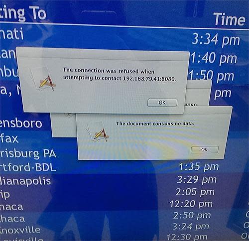 Airport departure screen with several error windows