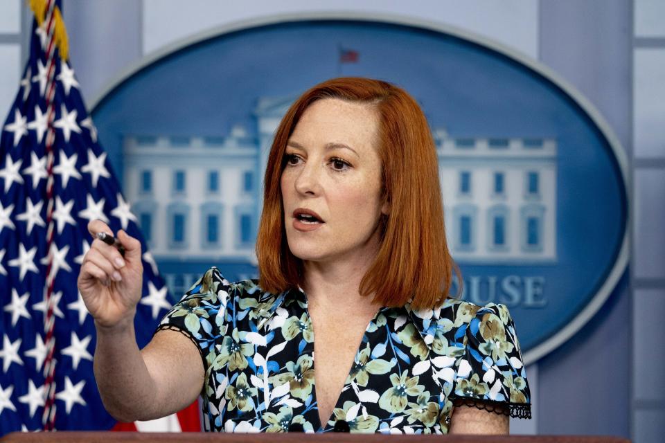 White House press secretary Jen Psaki calls on a reporter during a press briefing in the White House in Washington, Friday, April 16, 2021. (AP Photo/Andrew Harnik)