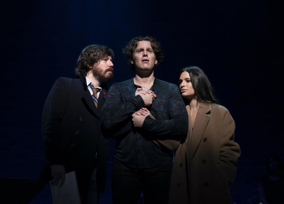 This image released by HBO shows John Gallagher Jr., from left, Jonathan Groff and Lea Michele in "Spring Awakening: Those You’ve Known" airing May 3. (Sarah Shatz/HBO via AP)