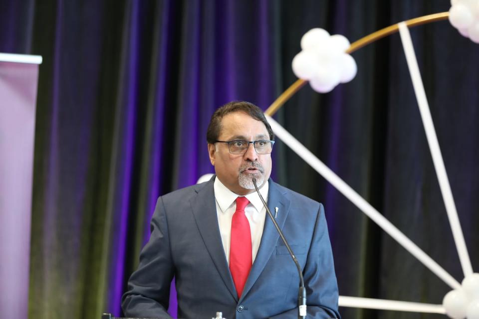 Various officials make announcements at a press conference for the 2023 Queen City Ex on March 9, 2023.  They include Regina Mayor Sandra Masters; CEO of the Saskatchewan Roughriders Craig Reynolds, Regina Food Bank CEO John Bailey, Regina Northeast MLA Gary Grewal and REAL president Tim Reid. 