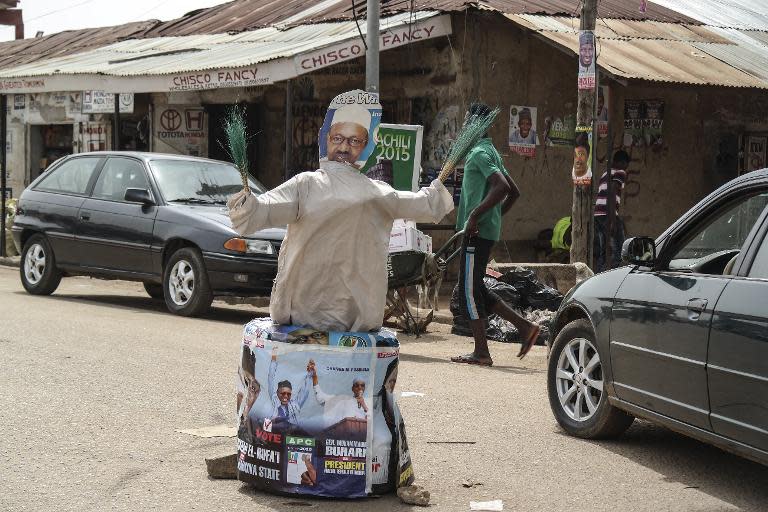 A cardboard figure of All Progressives Congress Candidate General Buhari is displayed on March 27, 2015 in a street of Kaduna prior to the Presidential poll on March 28