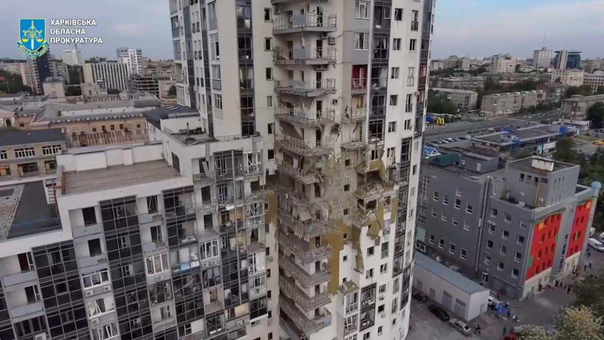 A view of a damaged residential building shows the aftermath of a Russian strike in Kharkiv, Ukraine (via REUTERS)