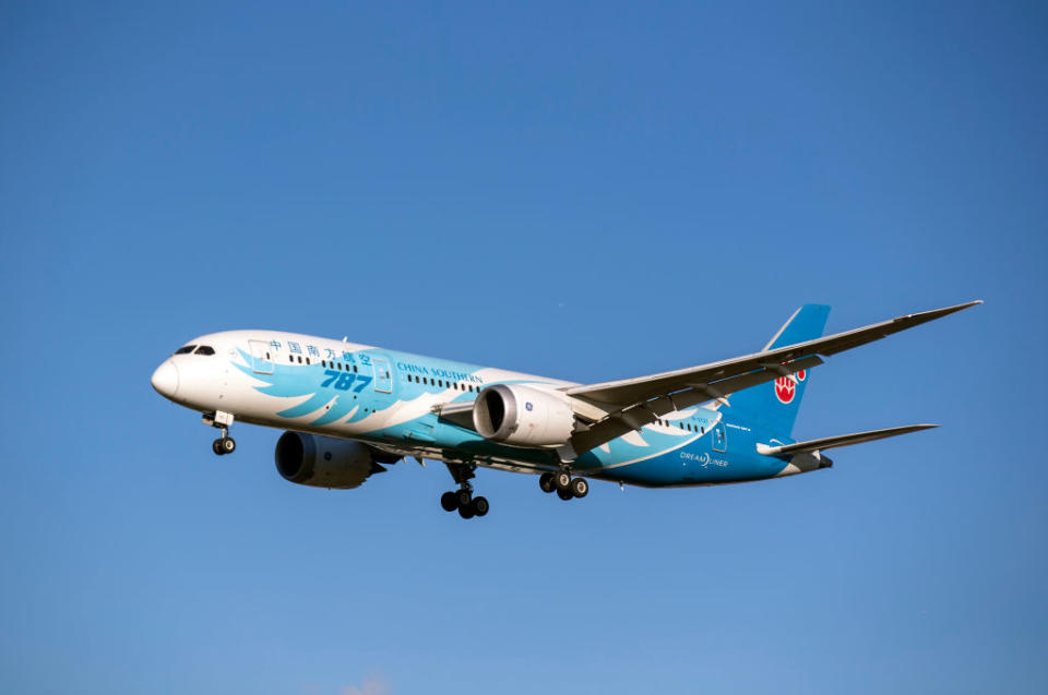 Pictured is a China Southern Airways flight in the sky on a clear day.