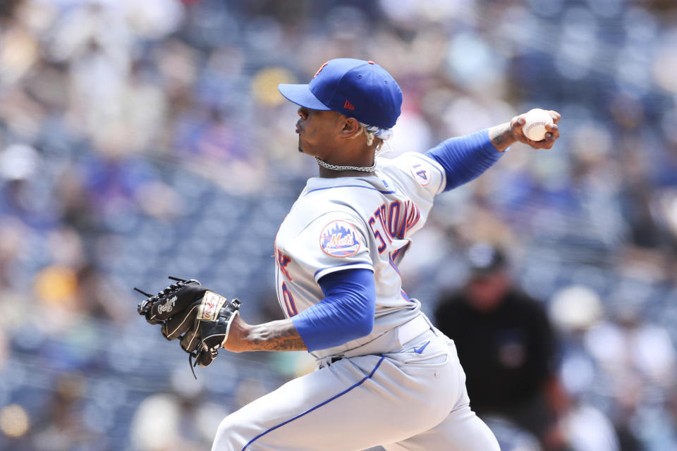 New York Mets starting pitcher Marcus Stroman works in the second inning of a baseball game against the San Diego Padres, Sunday, June 6, 2021, in San Diego. (AP Photo/Derrick Tuskan)