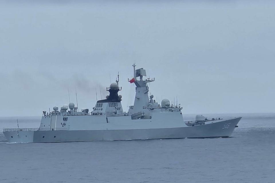 This handout photo taken and released by the Taiwan Coast Guard on May 23, 2024 shows a Chinese military ship northwest of Pengjia Island, off the coast of northern Taiwan. China on 23 May encircled Taiwan with naval vessels and military aircraft in war games aimed at punishing the self-ruled island after its new president vowed to defend democracy (AFP via Getty)
