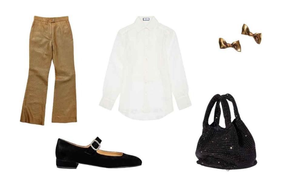 Flared trousers, £220, Kipper x Aligne;  Silk organza shirt, £275, with nothing underneath;  Copper earrings, £270, Acne;  Crystal bag, £185, Giarite;  Velvet shoes, £219, Penelope Chilvers