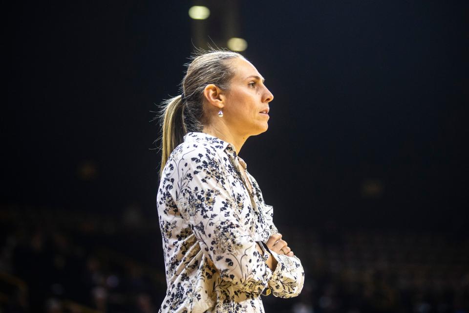 Princeton head coach Carla Berube looks on during a NCAA non-conference women's basketball game, Wednesday, Nov. 20, 2019, at Carver-Hawkeye Arena in Iowa City, Iowa.