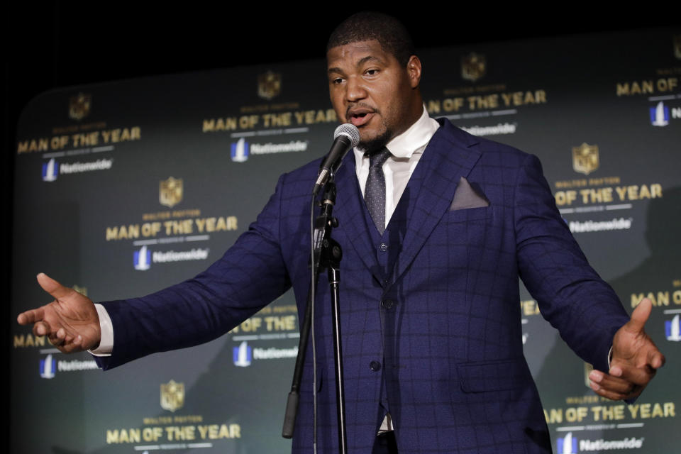 Jacksonville Jaguars' Calais Campbell speaks after winning the Walter Payton NFL Man of the Year trophy at the NFL Honors football award show Saturday, Feb. 1, 2020, in Miami. (AP Photo/Patrick Semansky)