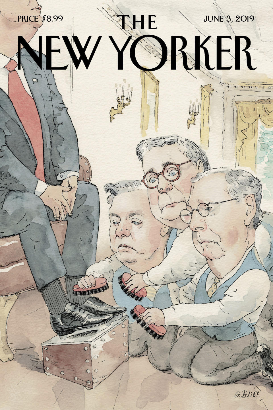 This June 3, 2019 cover of The New Yorker, by contributor Barry Blitt, provided by Columbia University, is one of the examples that garnered Blitt the 2020 Pulitzer Prize for Editorial Cartooning, announced in New York, Monday, May 4, 2020. (Columbia University via AP)