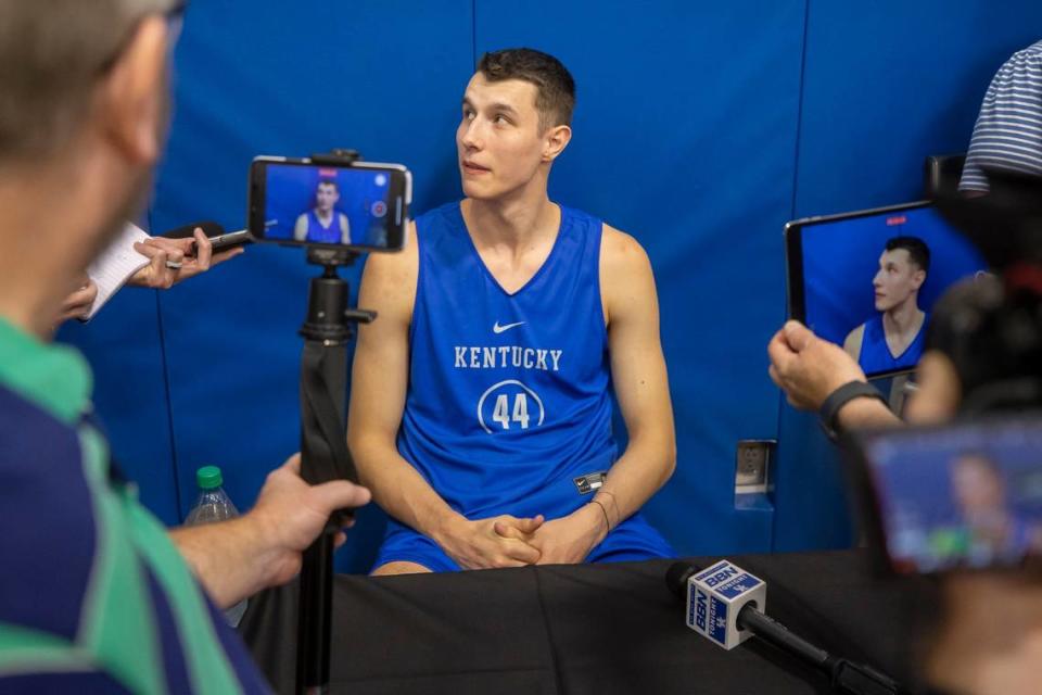 UK newcomer Zvonimir Ivisic conducted his first group interview since arriving in Lexington during Wednesday’s men’s basketball media day.