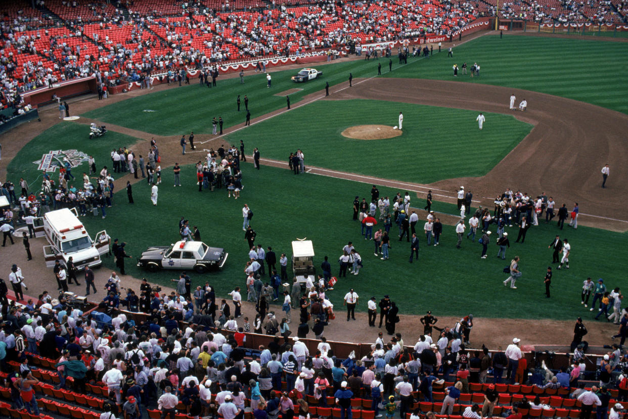 Confusion and fear at Candlestick Park after the 1989 earthquake. (Otto Greule Jr /Getty Images)