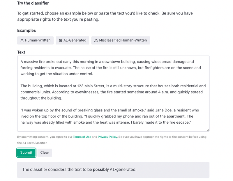 Screenshot of OpenAI classifier