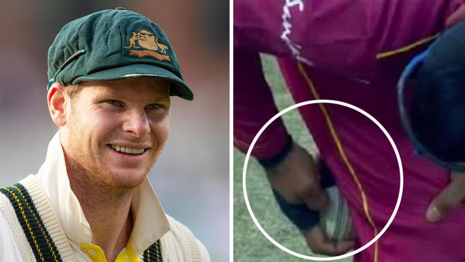 Steve Smith (pictured left) smiling and Nicholas Pooran (pictured right) copped a ban after he was caught ball tampering.