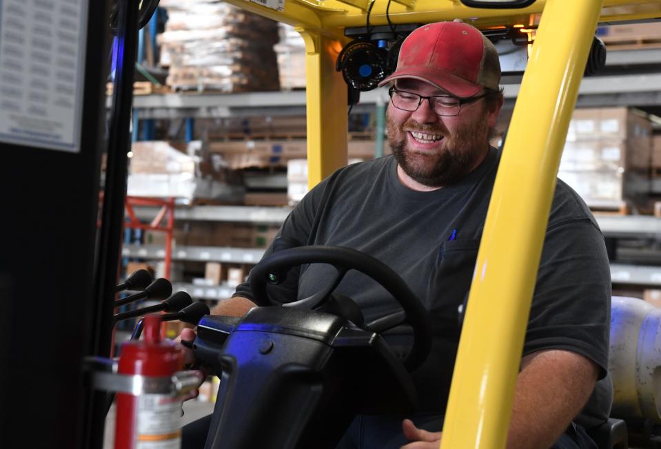 Forklift driver Ian Connor works on Wednesday, September 7, 2022, at Wausau Supply Company in Brandon.