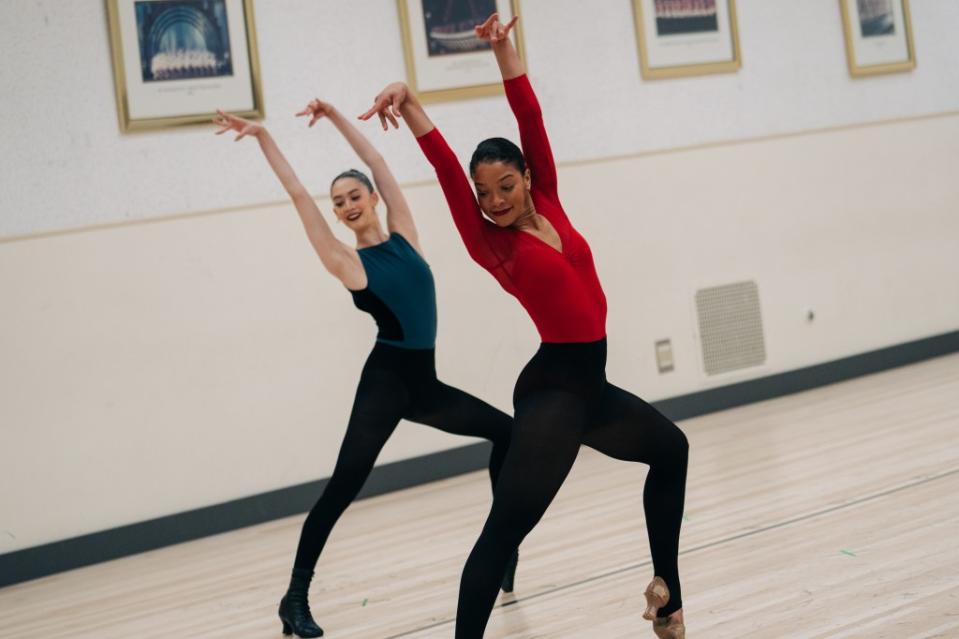 Kayla Hsu and Makayla Fontaine perform for the Rockettes brass Thursday. Jeenah Moon for NY Post