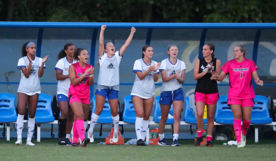 Delaware celebrates after the Blue Hens' 1-0 win against Syracuse at Grant Stadium, Thursday, August 17, 2023 in Delaware's opener.