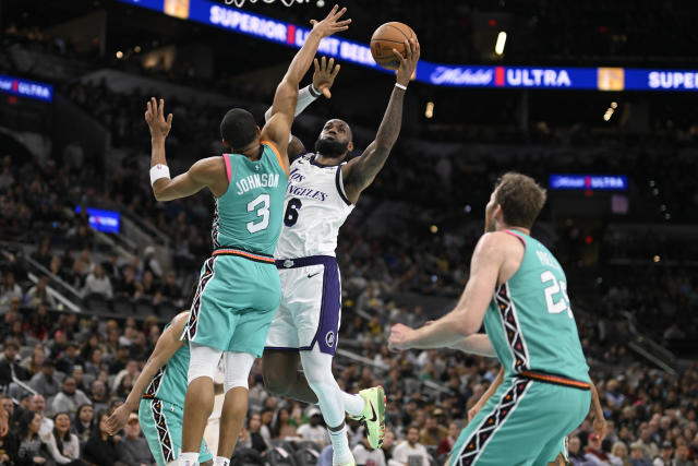 A detailed view of the Nike LeBron shoes worn by Los Angeles Lakers forward LeBron  James (6) against the San Antonio Spurs the first half at Crypto.com Arena.