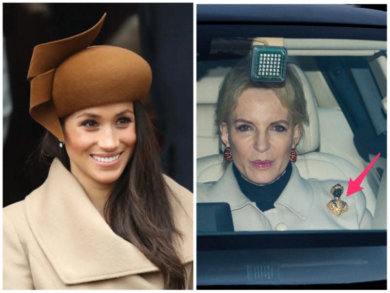 Left: Meghan Markle. Right: Princess Michael of Kent wearing a blackamoor brooch.