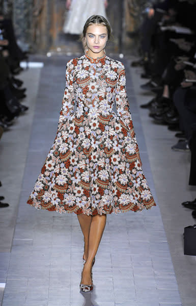 <b>Valentino SS13 <br></b><br>Cara Delevingne walked the catwalk in this stunning, a-line floral number with matching heels.<br><br>© Rex