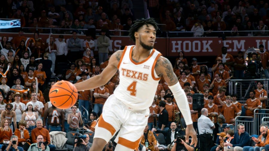 Texas guard Tyrese Hunter plays during the second half of an NCAA college basketball game, Saturday, Jan. 20, 2024, in Austin, Texas. Texas won 75-73. (AP Photo/Michael Thomas)