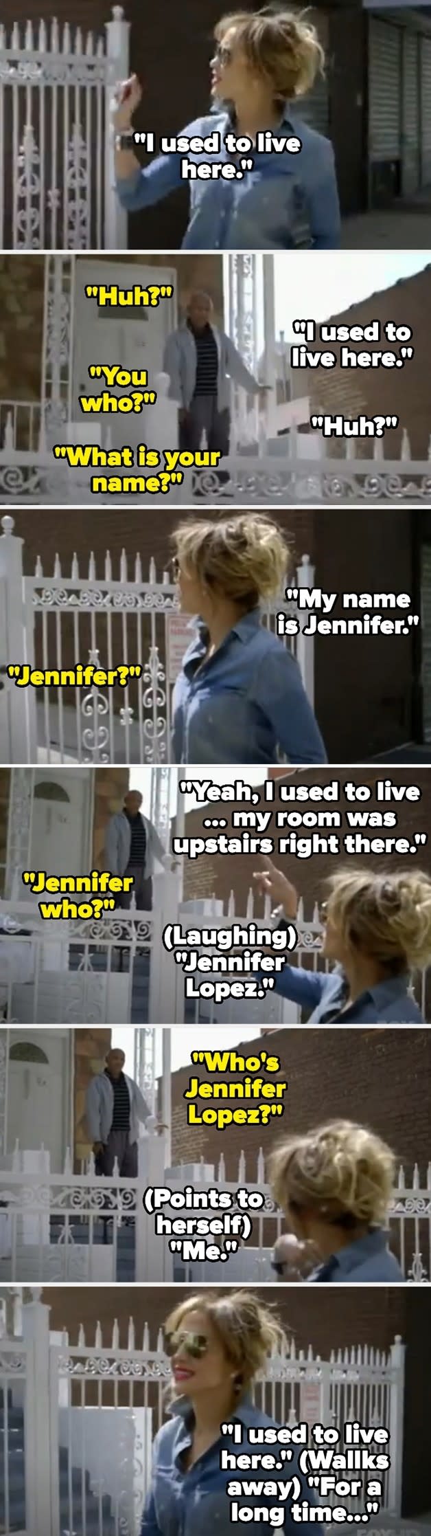 Woman conversing about past residence, mentioning the name "Jennifer" several times in a stairwell