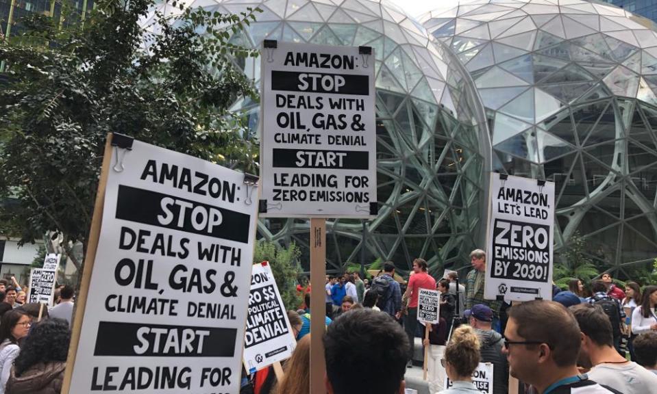 Amazon workers gather in front of ‘the spheres’, part of the company’s HQ, to participate in a climate strike in late 2019.