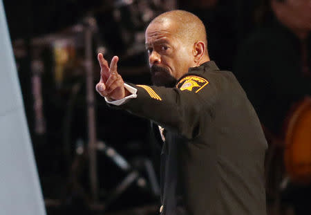 FILE PHOTO - Milwaukee County Sheriff David Clarke gestures after speaking at the Republican National Convention in Cleveland, Ohio, U.S. on July 18, 2016. REUTERS/Aaron Josefczyk/File Photo