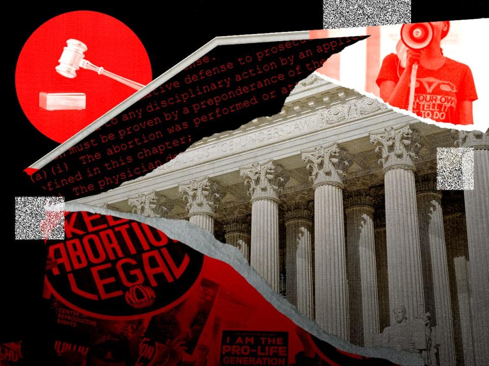 A collage of images related to abortion and the Supreme Court, including a courthouse, a gavel, a protest poster, and a protestor with a loudspeaker.