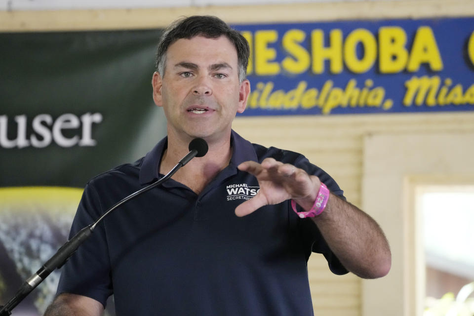 Mississippi's Secretary of State Michael Watson addresses the crowd at the Neshoba County Fair in Philadelphia, Miss., Thursday, July 27, 2023. Watson, a Republican, seeks reelection in November. (AP Photo/Rogelio V. Solis)