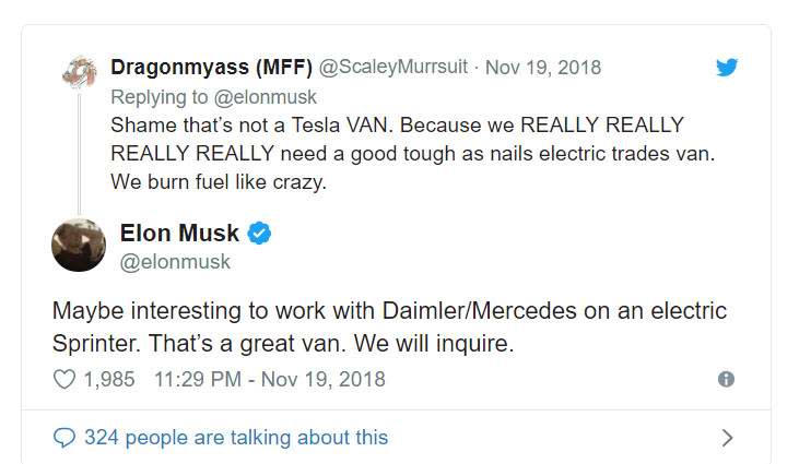 Elon Musk日前在Twitter上一段話暗示，Tesla接下來將可能”再次”與Daimler合作
