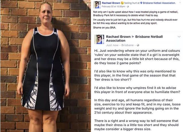 A Brisbane netballer has hit back at her netball association after she claims an umpire said her uniform was too short because she was fat. Pictures: Supplied