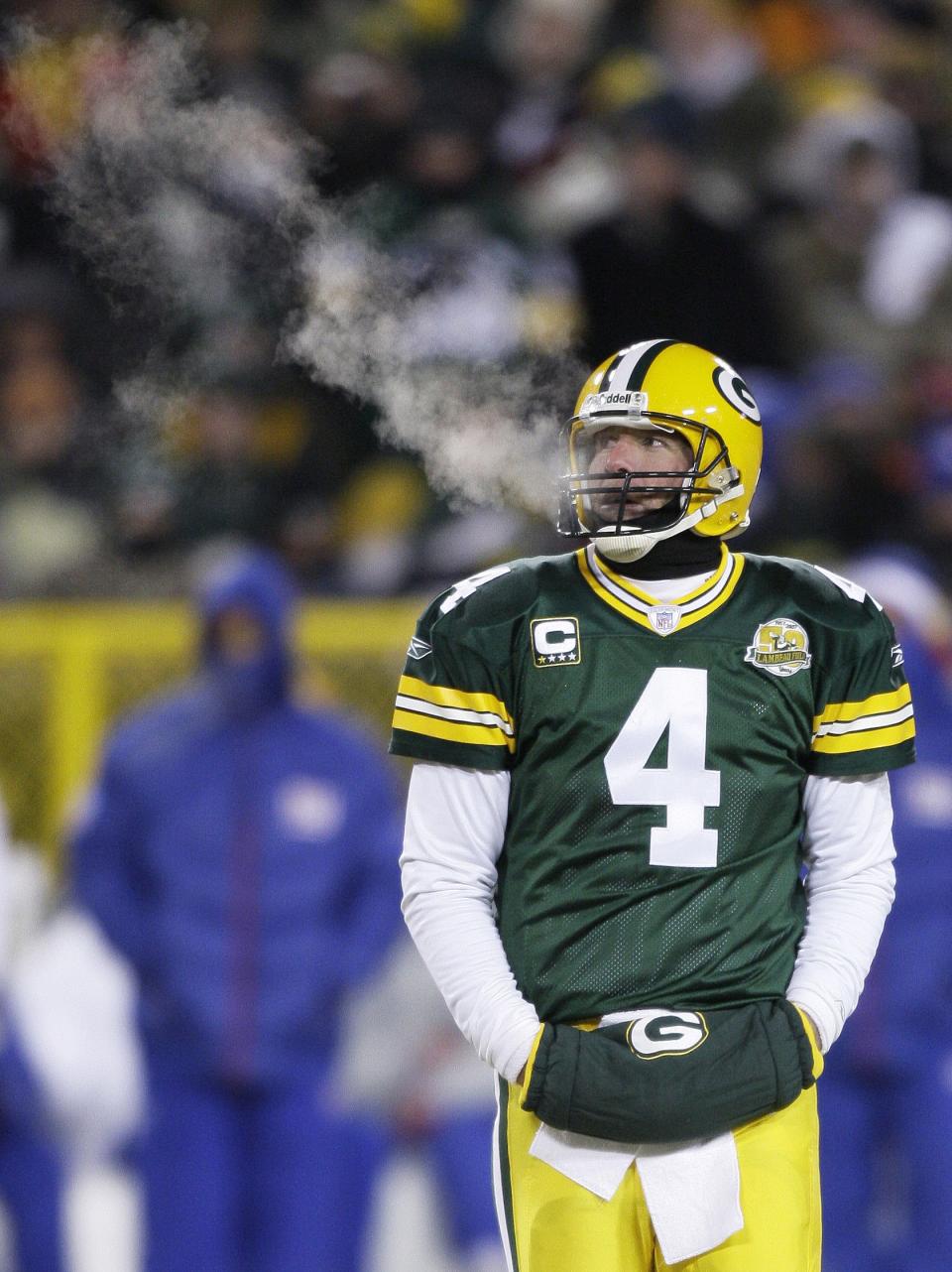 Former Green Bay Packers quarterback Brett Favre and the Packers lost to the Giants 23-20 in overtime of the 2007 NFC Championship game on Jan. 20, 2008. The temperature at game time was minus-1, making it the second coldest game at Lambeau Field.