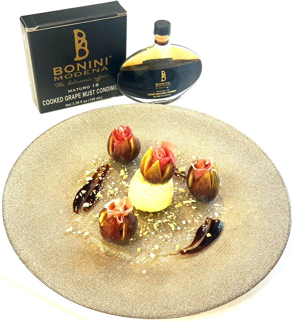 Trevini offers fresh California figs with tortino di ricotta, toasted almonds drizzled with Bonini maturo 18.
