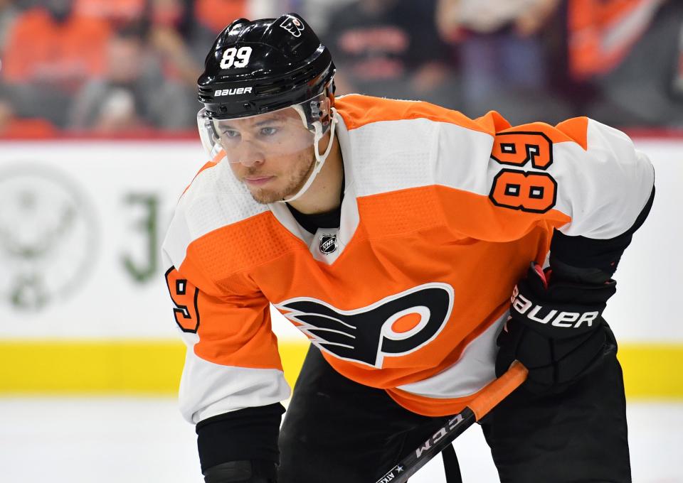 Oct 15, 2021; Philadelphia, Pennsylvania, USA; Philadelphia Flyers right wing Cam Atkinson (89) against the Vancouver Canucks at Wells Fargo Center. Mandatory Credit: Eric Hartline-USA TODAY Sports