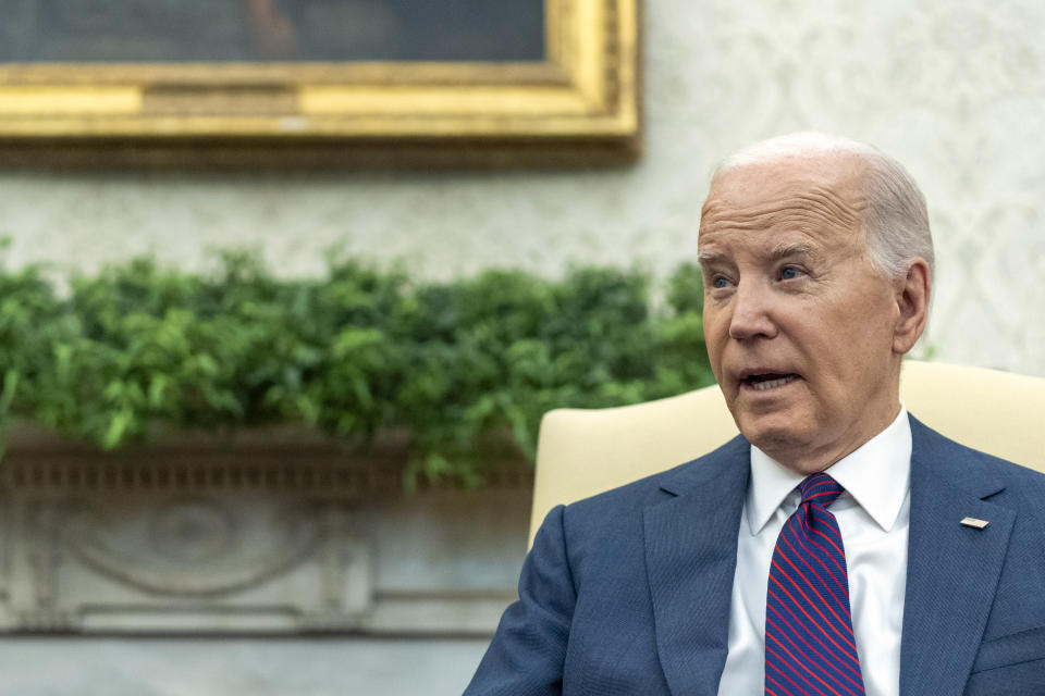 President Joe Biden speaks as he meets with Iraq's Prime Minister Shia al-Sudani in the Oval Office of the White House, Monday, April 15, 2024, in Washington. (AP Photo/Alex Brandon)