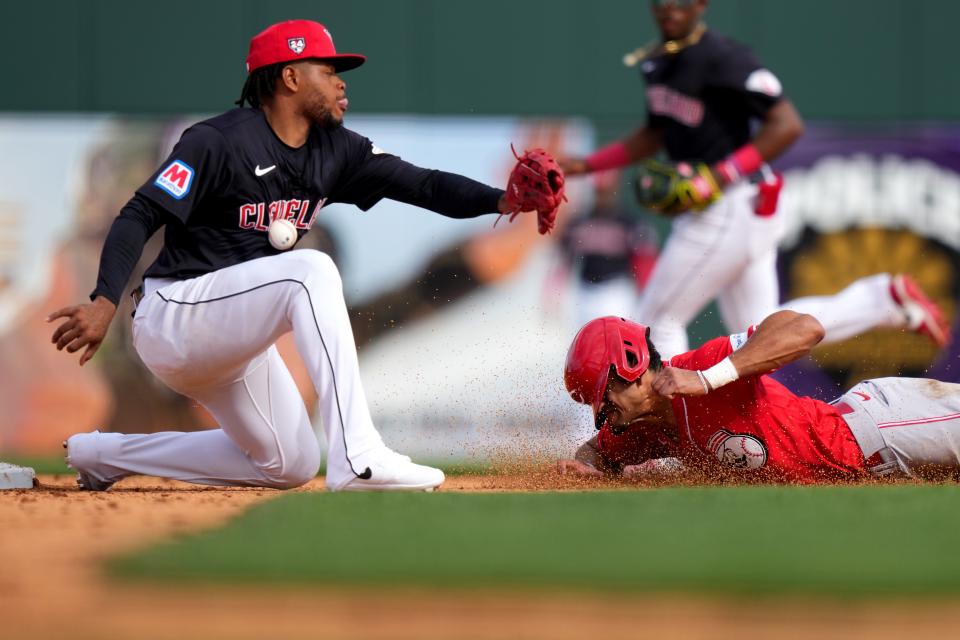 Bubba Thompson, here stealing second during a game earlier in spring training, offers the Reds speed and defense with the ability to play center field. He was named the 26th and final player on the Opening Day roster Wednesday.