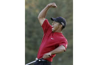 FILE _ Tiger Woods reacts to winning the 2005 Masters in a playoff with Chris DiMarco on the 18th hole during final round play of the tournament at the Augusta National Golf Club in Augusta, Ga., Sunday, April 10, 2005. Woods has ended his 27-year relationship with Nike. The swoosh was a big part of his apparel. (AP Photo/Amy Sancetta, File)