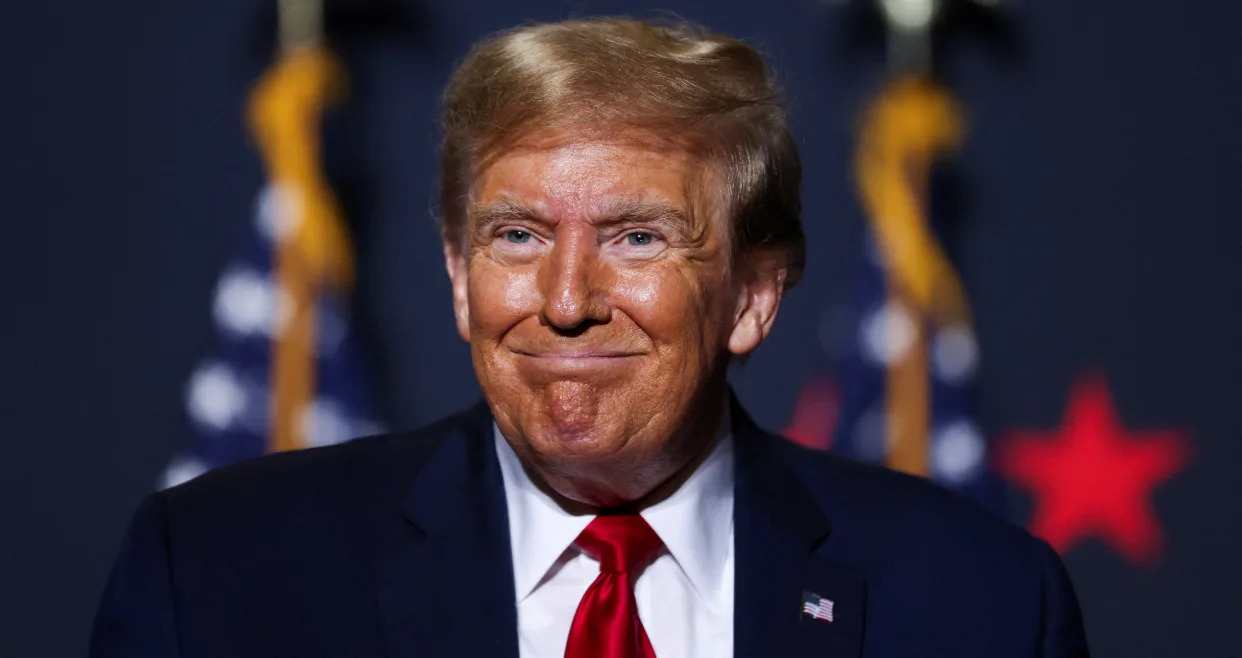 Republican presidential candidate and former U.S. President Donald Trump reacts at a campaign event ahead of the Republican presidential primary election in North Charleston, South Carolina, Feb. 14, 2024. (Sam Wolfe/Reuters)