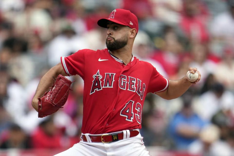 Angels starting pitcher Patrick Sandoval delivers against the Miami Marlins in the fifth inning Sunday.