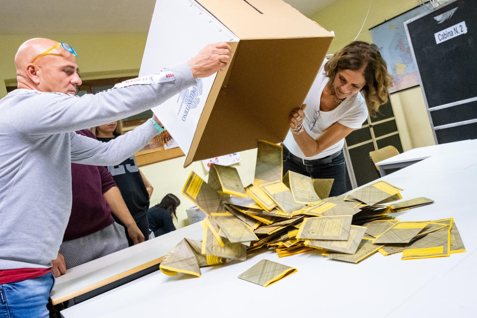 Papers ballots are counted in a polling station in Rome, Sunday, Sept. 25, 2022. Italians voted in a national election that might yield the nation's first government led by the far right since the end of World War II. (Mauro Scrobogna/LaPresse via AP)