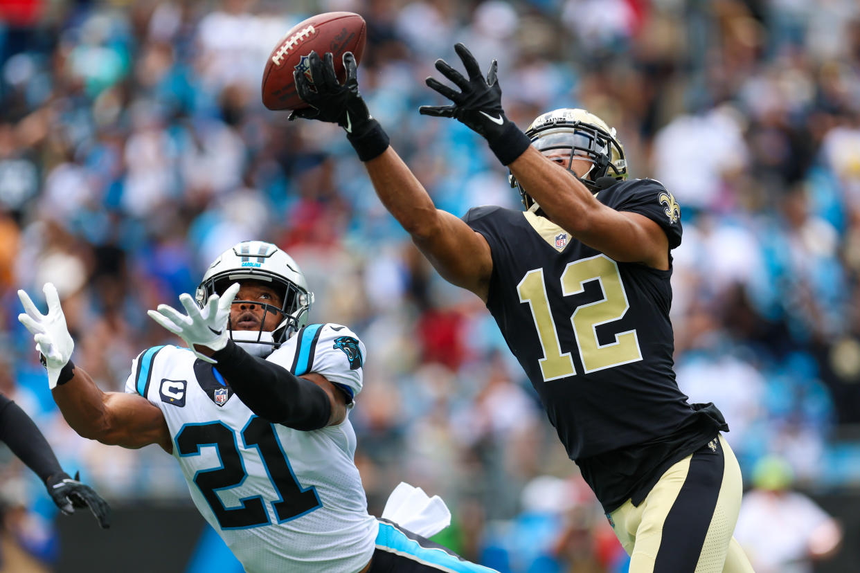 Chris Olave (12) of the New Orleans Saints is gaining fantasy value